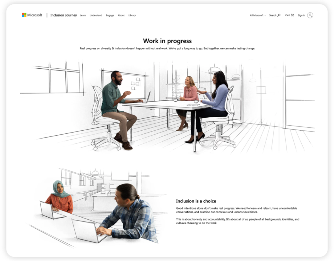 Three individuals - two women and one man - engaged in discussion around a table with a computer and coffee in a meeting room. A woman in a burka and a man in a flannel shirt engaged in conversation while seated next to each other, both focused on their laptops.